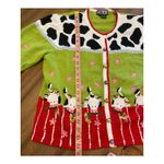 VTG Berek Cow Print Cardigan Sweater Floral Appliqué Farm Art to Wear Teacher XL Green Photo 7