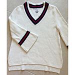 CAbi Womens V Neck Bell SleeveSweater XS Cream Red Blue Oversized Pullover Photo 4