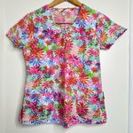White Cross Colorful Floral Scrub Top No Size Tag (Small?) Nurse Medical Vet Pink Photo 0