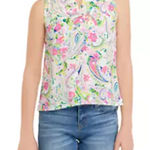Crown & Ivy  Lime Green & Pink Floral‎ Ruffled Top Sleveless Small V-Neck Cottage Photo 0