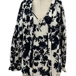 Marie Oliver White Navy Blue Floral Print Long Sleeve Silk Blouse Size Large Photo 0