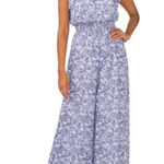 MSK Jumpsuit Women XL Flutter Sleeve Smocked Blue White Wide Leg Wedding Guest Photo 0