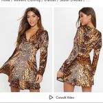 Pretty Little Thing  tan satin leopard print puff sleeve skater dress size US 6 Photo 1