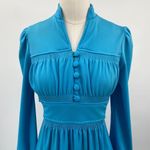 Vintage 70s Maxi Shirt Dress Long Bishop Sleeve Button Front Pleated Belted Blue Size 4 Photo 1