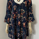 Umgee  Floral Boho Navy Tunic Top Mini Dress Size Small Sheer lace Cutout Photo 0