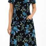 Vintage Black Floral Midi Dress Blue Green Flower Print Short Sleeve Size 12 Photo 0