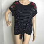 W5 Striped Floral Embroidered Short Sleeve Tie Top Photo 7