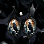 Gothic Funky Raven Cameo Black Frame Alloy & Iron Ear Hooks Glass Inlay Earrings Photo 1