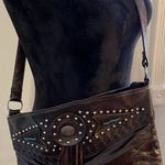 Brown leather BOHO Southwest fringe bag purse studded Turquoise Accent Aztec Photo 0