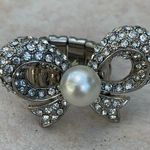 Silver Tone Statement Crystal Bow Pearl Ring Photo 0