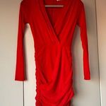 Hello Molly Red Long Sleeve Ruched V Neck Mini Dress Bodycon Photo 0