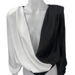 Peace + Love Black White Silk Satin Long Sleeve Plunge Colorblock Bodysuit Top 2 Photo 2