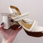 Sézane Sezane High Arielle Sandals Ecru Ivory Leather Brass Buckle Heels Photo 1