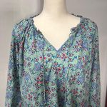 Loft Green Blue Blouse Floral Peasant Style Lightweight Shirred Tie Neck LP Photo 1