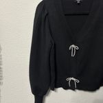 EXPRESS Women V-Neck Rhinestone Embellished Bow Cardigan Black Large Puff Sleeve Photo 8