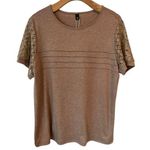 Sunbs Blouse Womens Size Large Beige Short Sleeve Lace Detail Round Neck NWT Brown Photo 0