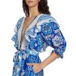Farm Rio Full of Flowers Floral Jumpsuit Blue White Crochet Trim V Neck Boho Photo 4