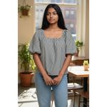 Alex Marie  Top Womens Small Striped Puff Sleeve Square Neck Blouse Photo 6