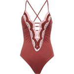 BECCA by Rebecca virtue Becca Delilah Brown Plunge Neck Crochet One Piece Swimsuit Size Small Photo 2