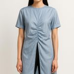 ZARA  Woman Ruched Powder Blue Satin Effect Split Front Blouse Photo 0