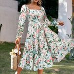 Simplee Floral slash neck long sleeve ruffle print summer dress beach size Med Green Photo 0
