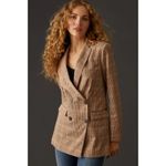 Scotch & Soda  Anthropologie Double-Breasted Brown Plaid Tailored Blazer‎ Large Photo 4