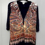 Anthropologie  Tiny Blue Persian Pear Paisley Split Neck Mixed Media Boho Top S Photo 2