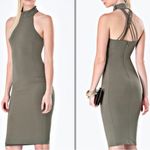 Bebe olive green cross back mock neck bodycon midi dress size large Photo 1