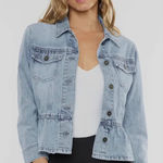 Kancan Light Wash Peplum Denim Jean Jacket Women's Size Large Blue Photo 0