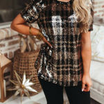 THML New With tags  Plaid Sequin Puff Sleeve Top Sz M Photo 0