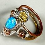 Tear Drop Shaped Faux Opal Fashion Ring Size 7 Silver Gold Colors Flower Accents Photo 0
