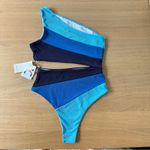 Commense Swim Suit Sz L Asymmetrical Striped One Shoulder Cut Out Ribbed Blue Size L Photo 4