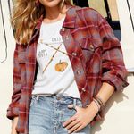 Maurice's Berry Plaid Button Down Long Sleeve Cropped Flannel Shacket Photo 0