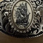Vintage‎ HAND ETCHED Faux Scrimshaw Sailing Ship Belt Buckle Floral Silver Photo 1