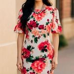 Eliza J Pink Floral Scuba Sheath Dress with Puffy Statement Sleeves Size 6 Photo 0