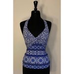 Lands End Blue Boho Chic Tankini Top padded cup bra UPF 50 Swim Suit 12 D Halter Photo 4