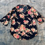 Rue 21  Blue Pink Floral Rose 3/4 Bell Sleeve Crochet Insert Blouse Medium Photo 0