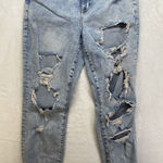 American Eagle Mom Jeans 12 Stretch Distressed Destroyed Chewed Hem Light Wash Photo 0