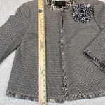 St. John  Knit Jacket Size 14 Black White Fringe Trim Flower Brooch Saks USA Photo 7