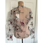 Endless Rose Long Sleeve Round Neck Embroidered Floral Mesh Top Beige/Red Size S Photo 3