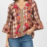 SAVANNA JANE Women’s Boho Floral Embroidered Flowy Long Sleeve Shirt Brown Size L Photo 0