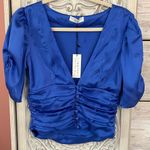 Flynn Skye  small blue satin puff sleeve button down ruched bodice vneck sexy top Photo 2