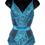Fairy‎ Floral Lace Mesh Lingerie Bodysuit Open Back Aqua Blue Size L Photo 0