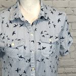 PASSPORT Button Down Short Sleeve Shirt Blue/White Striped Bird Print Photo 1