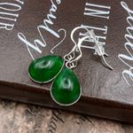 Vintage West Germany Emerald Green Pear Cabochon Stainless Steel Dangle Earrings Photo 2
