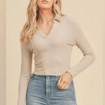 Altar'd State Altar’d State Ribbed Knit Collared Cropped Top Mushroom Brown Size Small Photo 0