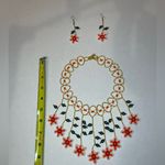 Handmade Floral Beaded Necklace and Earring Set Red Photo 2