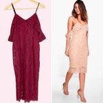 Boohoo Jess Lace Open Shoulder Dress Midi Berry NWT New Cocktail Straps Bodycon Photo 1