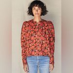 Sundry  Floral Puff Sleeve Buttondown Shirt in Mahogany Garnet Size Medium Photo 1