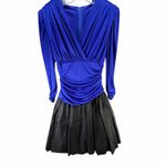Vintage 80s Filigree Cocktail Dress Womens 10 Blue Black Ruched Drape Retro Glam Photo 4